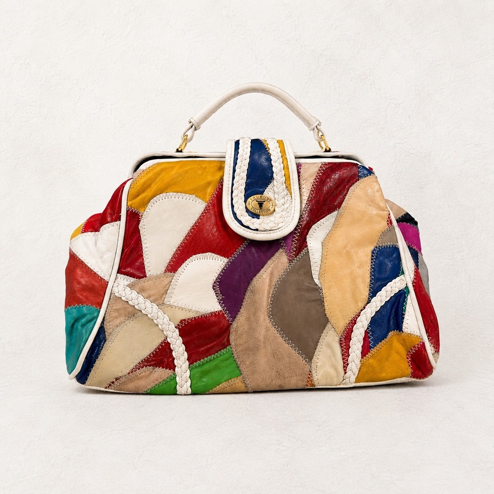 Vintage 80s Taurus Patchwork Leather Top Handle Bag Rainbow Satchel Maximalist